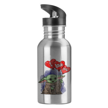 Yoda, i love you, Water bottle Silver with straw, stainless steel 600ml