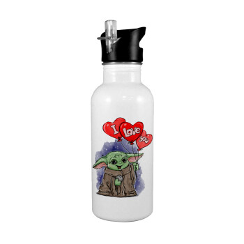 Yoda, i love you, White water bottle with straw, stainless steel 600ml