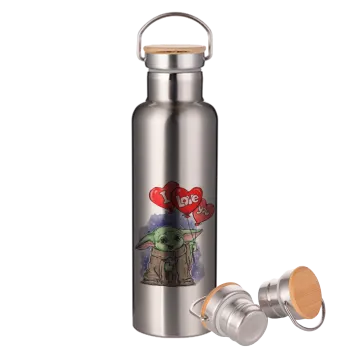 Yoda, i love you, Stainless steel Silver with wooden lid (bamboo), double wall, 750ml