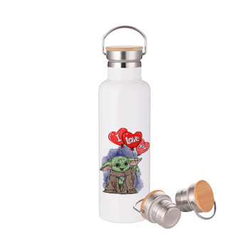 Yoda, i love you, Stainless steel White with wooden lid (bamboo), double wall, 750ml