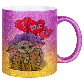 Yoda, i love you, Κούπα Χρυσή/Ροζ Glitter, κεραμική, 330ml