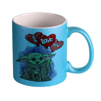 Yoda, i love you, Κούπα Σιέλ Glitter που γυαλίζει, κεραμική, 330ml