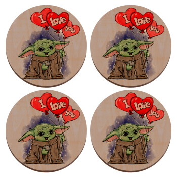 Yoda, i love you, ΣΕΤ x4 Σουβέρ ξύλινα στρογγυλά plywood (9cm)