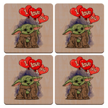 Yoda, i love you, ΣΕΤ x4 Σουβέρ ξύλινα τετράγωνα plywood (9cm)