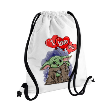 Yoda, i love you, Τσάντα πλάτης πουγκί GYMBAG λευκή, με τσέπη (40x48cm) & χονδρά κορδόνια