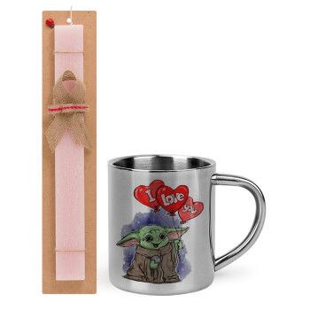 Yoda, i love you, Easter Set, metallic thermal cup (300ml) & aromatic flat Easter candle (30cm) (PINK)