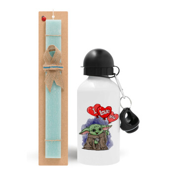 Yoda, i love you, Easter Set, metallic aluminum water bottle (500ml) & scented flat candle (30cm) (TURQUOISE)