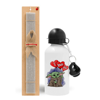 Yoda, i love you, Easter Set, metallic aluminum water bottle (500ml) & aromatic flat Easter candle (30cm) (GRAY)