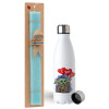Easter Set, metallic stainless steel water bottle (750ml) & aromatic flat Easter candle (30cm) (TURQUOISE)