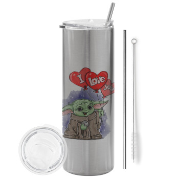 Yoda, i love you, Eco friendly stainless steel Silver tumbler 600ml, with metal straw & cleaning brush