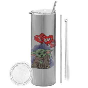 Yoda, i love you, Tumbler stainless steel Silver 600ml, with metal straw & cleaning brush