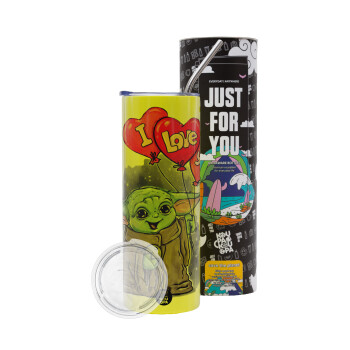 Yoda, i love you, Neon Yellow Travel Tumbler, with metal straw (Stainless steel 304 Food grade, BPA free, 600ml)