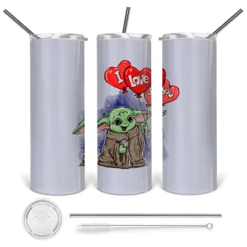 Yoda, i love you, Tumbler ποτήρι θερμό από ανοξείδωτο ατσάλι 600ml, με μεταλλικό καλαμάκι & βούρτσα καθαρισμού