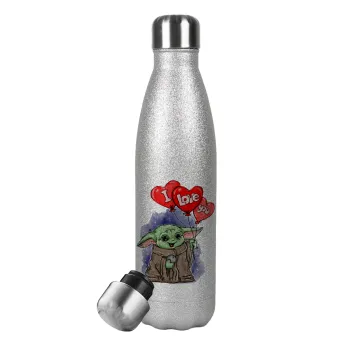 Yoda, i love you, Metallic Glitter Silver Thermos Flask (Stainless steel), double-walled, 500ml