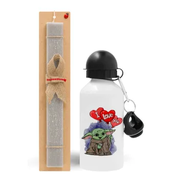Yoda, i love you, Easter Set, metallic aluminum water bottle (500ml) & aromatic flat Easter candle (30cm) (GRAY)