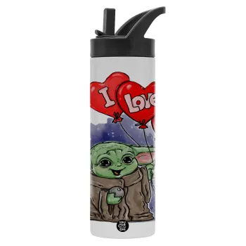 Yoda, i love you, Μεταλλικό παγούρι θερμός με καλαμάκι & χειρολαβή, ανοξείδωτο ατσάλι (Stainless steel 304), διπλού τοιχώματος, 600ml