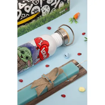 Yoda, i love you, Πασχαλινή Λαμπάδα με παγούρι μεταλλικό Ασημένιο αλουμινίου (500ml) & κερί αρωματικό πλακέ (30cm) (ΤΙΡΚΟΥΑΖ)