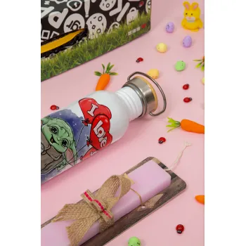 Yoda, i love you, Πασχαλινή Λαμπάδα με παγούρι μεταλλικό (620ml, stainless steel) & κερί αρωματικό πλακέ (30cm) (ΡΟΖ)