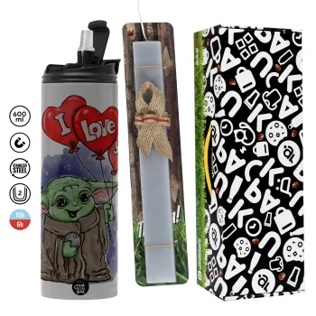 Yoda, i love you, Πασχαλινή Λαμπάδα με Travel Tumbler θερμό (600ml, BPA free) & κερί αρωματικό πλακέ (30cm) (ΓΚΡΙ)