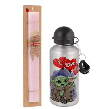 Yoda, i love you, Easter Set, metallic Silver aluminum water bottle (500ml) & scented flat Easter candle (30cm) (PINK)