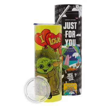 Yoda, i love you, Neon Yellow Travel Tumbler θερμό, μεταλλικό καλαμάκι(Ανωξείδωτο 304 Food grade, BPA free, 600ml)