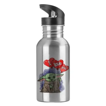 Yoda, i love you, Water bottle Silver with straw, stainless steel 600ml