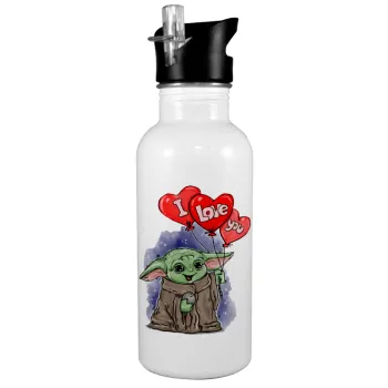 Yoda, i love you, White water bottle with straw, stainless steel 600ml