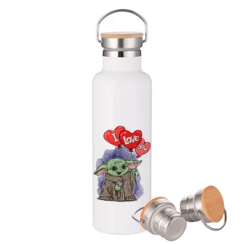 Yoda, i love you, Stainless steel White with wooden lid (bamboo), double wall, 750ml