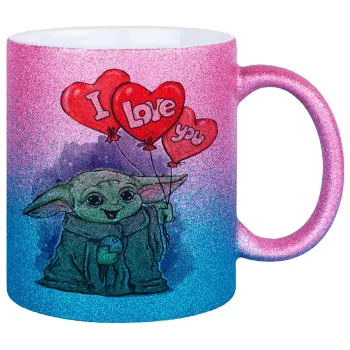 Yoda, i love you, Κούπα Χρυσή/Μπλε Glitter, κεραμική, 330ml