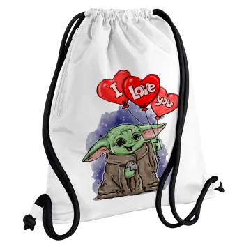 Yoda, i love you, Τσάντα πλάτης πουγκί GYMBAG λευκή, με τσέπη (40x48cm) & χονδρά κορδόνια