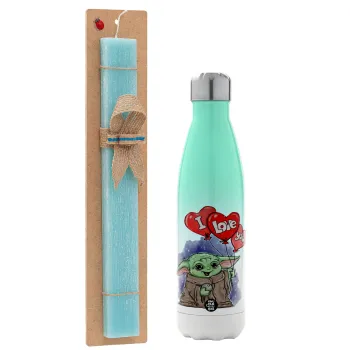 Yoda, i love you, Easter Set, Metallic green/white thermos (Stainless steel), double-walled, 500ml & scented flat Easter candle (30cm) (TURQUOISE)