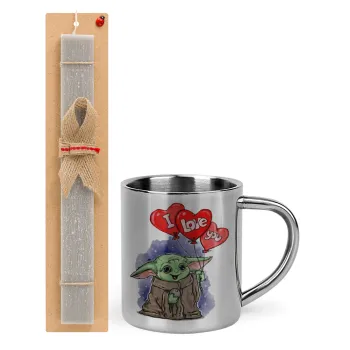 Yoda, i love you, Easter Set, metallic thermal cup (300ml) & Easter aromatic flat candle (30cm) (GRAY)