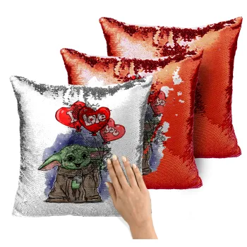 Yoda, i love you, Μαξιλάρι καναπέ Μαγικό Κόκκινο με πούλιες 40x40cm περιέχεται το γέμισμα