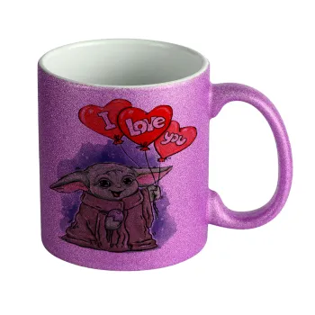 Yoda, i love you, Κούπα Μωβ Glitter που γυαλίζει, κεραμική, 330ml