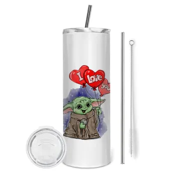 Yoda, i love you, Tumbler ποτήρι θερμό από ανοξείδωτο ατσάλι 600ml, με μεταλλικό καλαμάκι & βούρτσα καθαρισμού