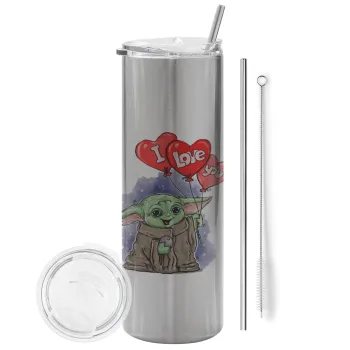 Yoda, i love you, Tumbler stainless steel Silver 600ml, with metal straw & cleaning brush