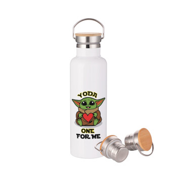 Yoda, one for me , Stainless steel White with wooden lid (bamboo), double wall, 750ml