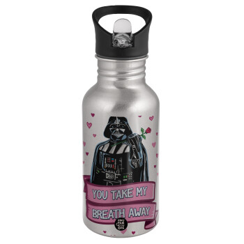 Darth Vader, you take my breath away, Water bottle Silver with straw, stainless steel 500ml