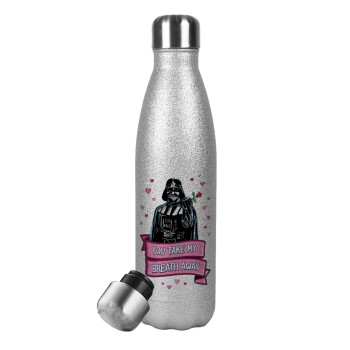 Darth Vader, you take my breath away, Μεταλλικό παγούρι θερμός Glitter Aσημένιο (Stainless steel), διπλού τοιχώματος, 500ml