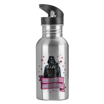 Darth Vader, you take my breath away, Water bottle Silver with straw, stainless steel 600ml