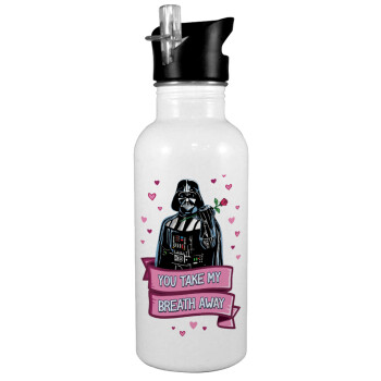 Darth Vader, you take my breath away, White water bottle with straw, stainless steel 600ml