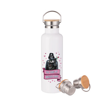 Darth Vader, you take my breath away, Μεταλλικό παγούρι θερμός (Stainless steel) Λευκό με ξύλινο καπάκι (bamboo), διπλού τοιχώματος, 750ml