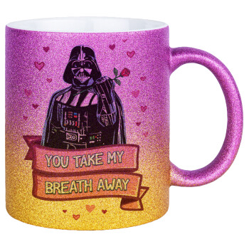 Darth Vader, you take my breath away, Κούπα Χρυσή/Ροζ Glitter, κεραμική, 330ml