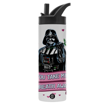 Darth Vader, you take my breath away, Μεταλλικό παγούρι θερμός με καλαμάκι & χειρολαβή, ανοξείδωτο ατσάλι (Stainless steel 304), διπλού τοιχώματος, 600ml