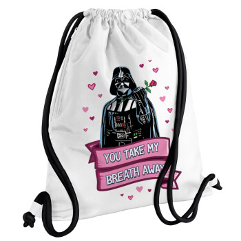 Darth Vader, you take my breath away, Τσάντα πλάτης πουγκί GYMBAG λευκή, με τσέπη (40x48cm) & χονδρά κορδόνια