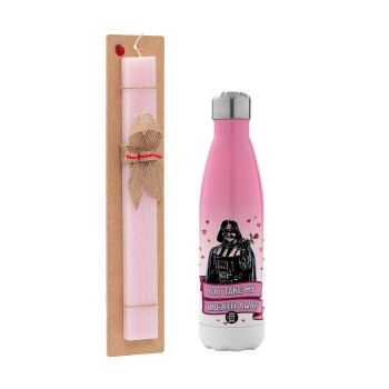 Darth Vader, you take my breath away, Easter Set, Metallic pink/white (Stainless steel) thermos, double-walled, 500ml & aromatic flat Easter candle (30cm) (PINK)