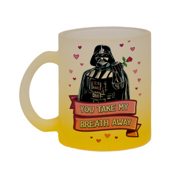 Darth Vader, you take my breath away, Κούπα γυάλινη δίχρωμη με βάση το κίτρινο ματ, 330ml