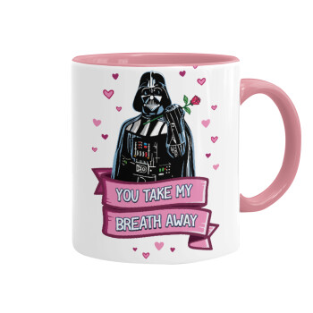 Darth Vader, you take my breath away, Κούπα χρωματιστή ροζ, κεραμική, 330ml