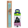 Easter Set, Children's thermal stainless steel bottle with safety straw, green/blue (350ml) & aromatic flat Easter candle (30cm) (TURQUOISE)