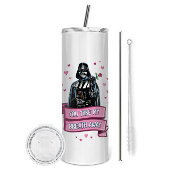Darth Vader, you take my breath away, Tumbler ποτήρι θερμό από ανοξείδωτο ατσάλι 600ml, με μεταλλικό καλαμάκι & βούρτσα καθαρισμού